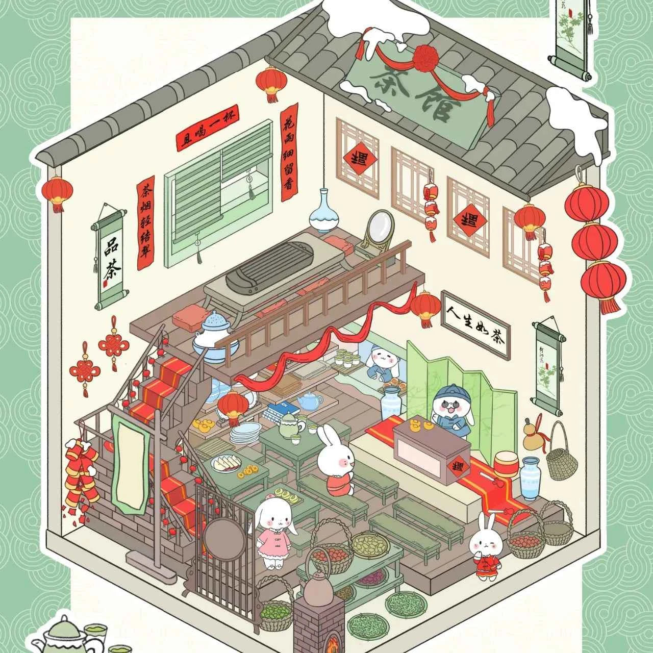 Cute Bunny 7.0 New Year Shop – 3D Sticker Scenes - 4 Theme Sets: Boutique | Tea House | Traditional Medicine Shop | Inn
