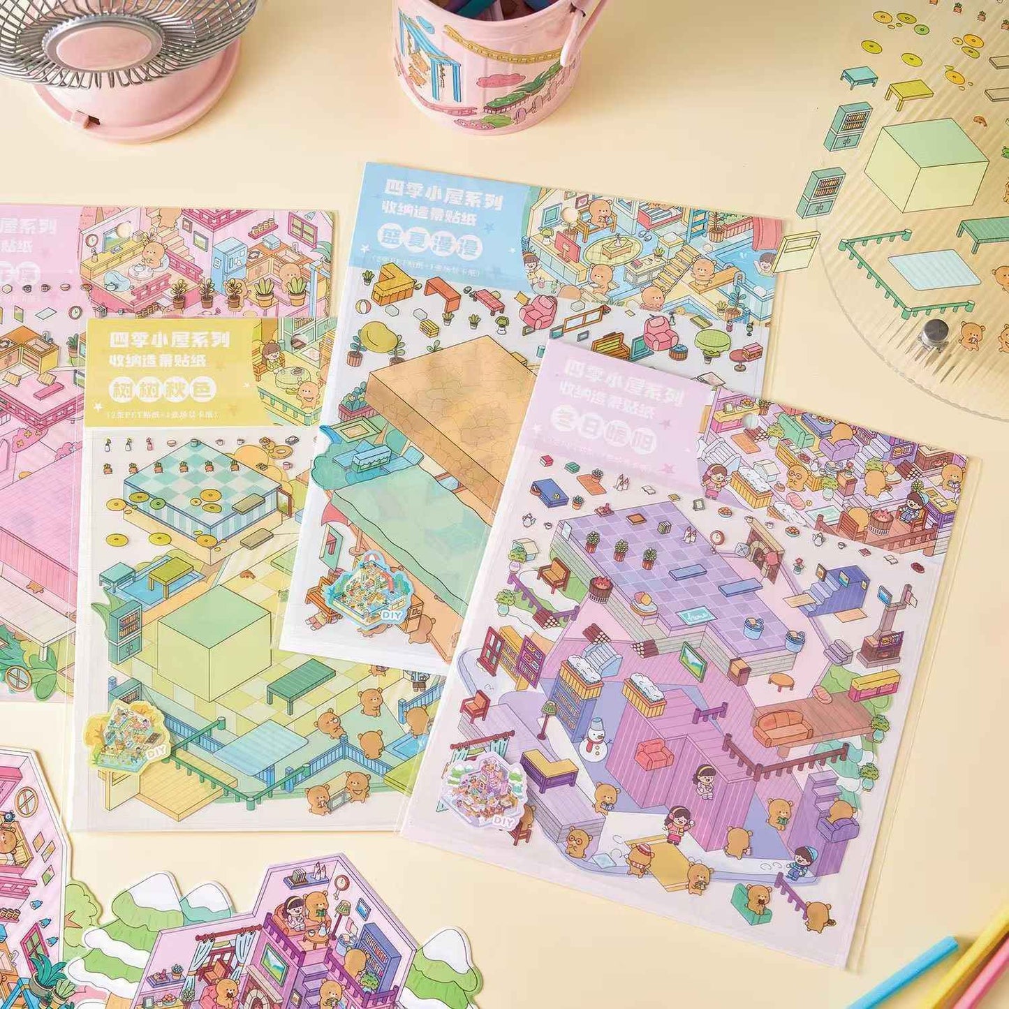 Little Bear's Four Seasons Cottage – 3D DIY MiniatureSticker Scenes - 4 Theme Sets: Spring | Summer | Autumn | Winter