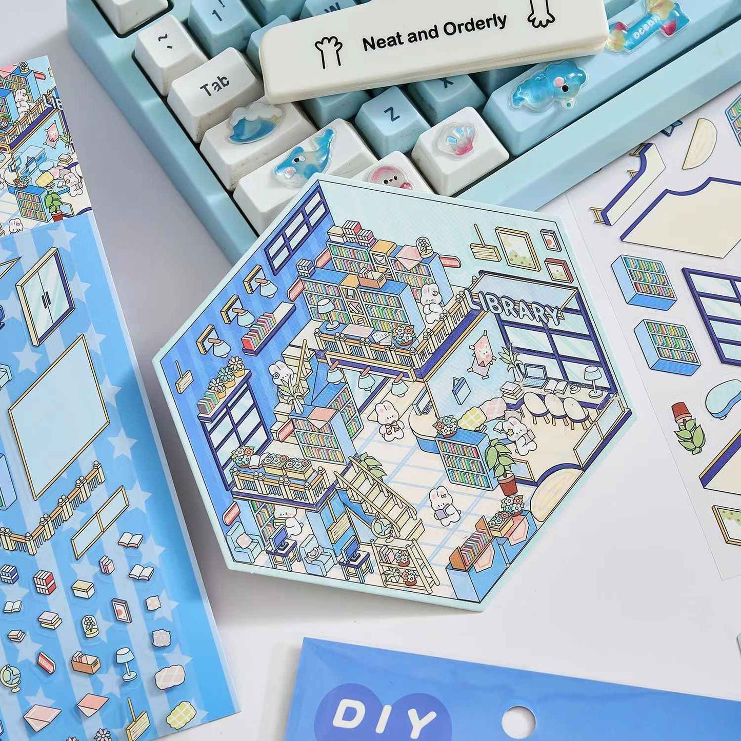 Cute Bunny Shop – 3D Sticker Scenes - 4 Theme Sets: Library | Coffee Shop | Supermarket | Restaurant