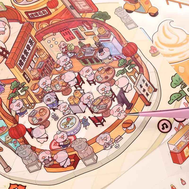 Simulation Business 2.0 Plus– 3D Miniature Sticker Scenes - 4 Theme Sets: Panda Hotpot Restaurant | Kitten Burger Shop | Piggy Dim Sum Shop | Puppy Convenience Store