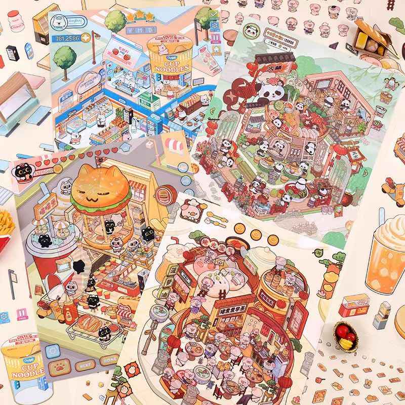 Simulation Business 2.0 Plus– 3D Miniature Sticker Scenes - 4 Theme Sets: Panda Hotpot Restaurant | Kitten Burger Shop | Piggy Dim Sum Shop | Puppy Convenience Store
