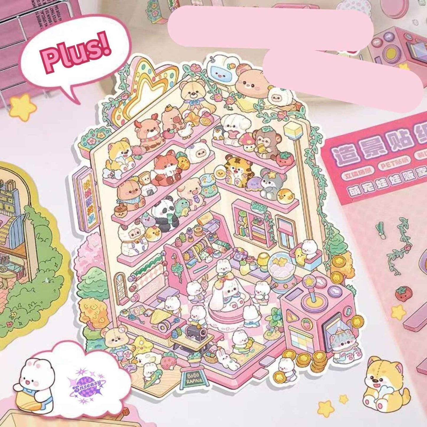 Cartoon Bunny Shop 2.0 Plus Edition – 3D DIY Sticker Scenes - 2 Theme Sets: Strawberry Cake Shop | Doll Vending Machine