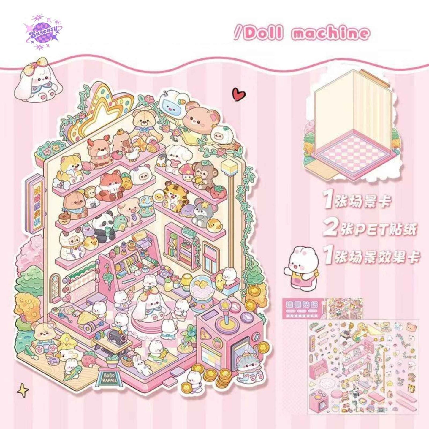 Cartoon Bunny Shop 2.0 Plus Edition – 3D DIY Sticker Scenes - 2 Theme Sets: Strawberry Cake Shop | Doll Vending Machine