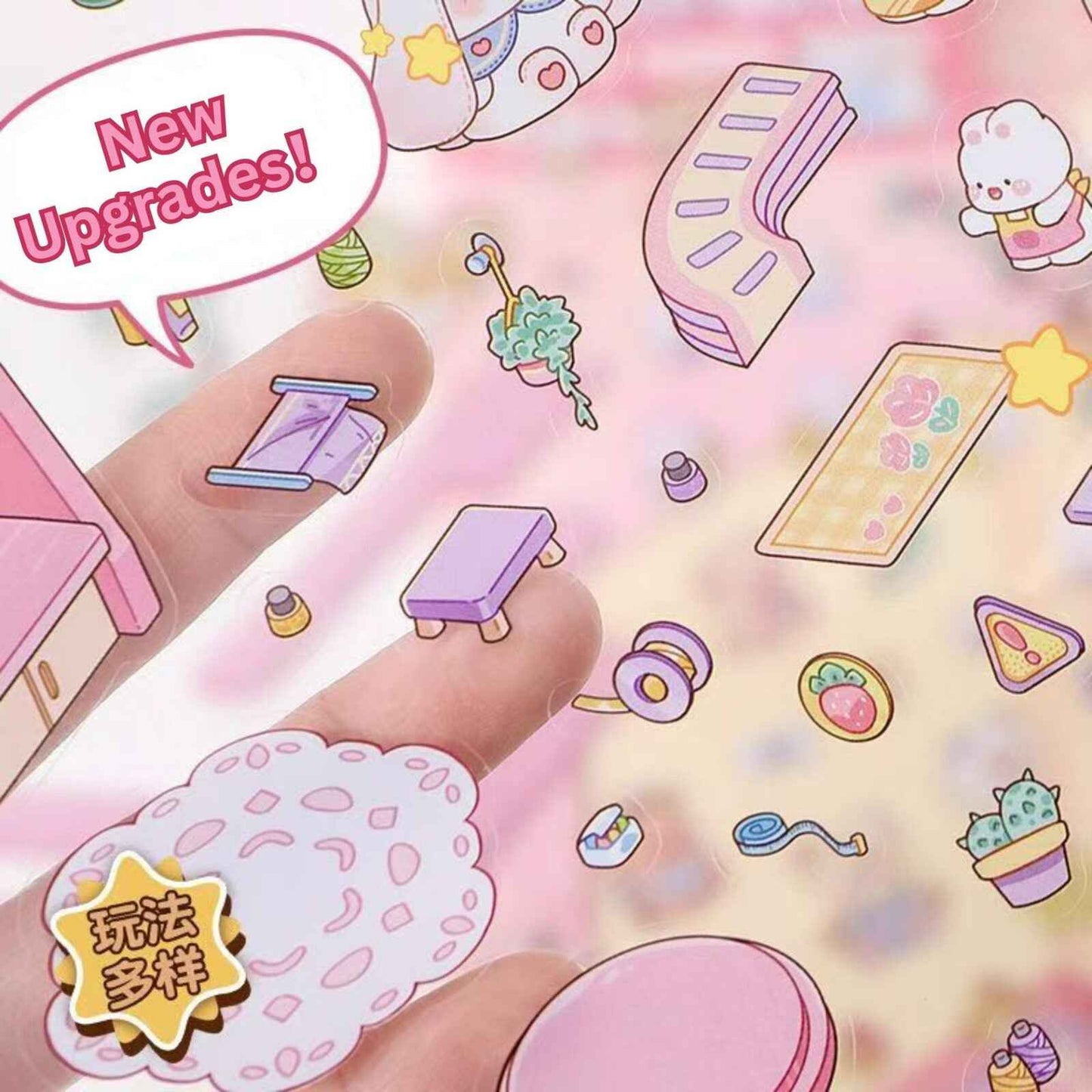 Cartoon Bunny Shop 2.0 Plus Edition – 3D DIY Sticker Scenes - 2 Theme Sets: Strawberry Cake Shop | Doll Vending Machine
