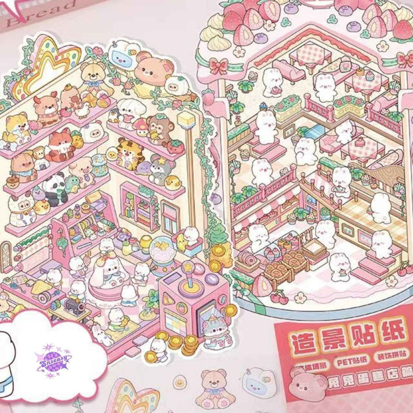 Cartoon Bunny Shop 2.0 Plus Edition – 3D DIY Sticker Scenes - 2 Theme Sets: Strawberry Cake Shop | Doll Vending Machine