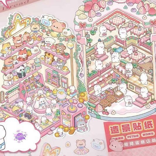 Cartoon Bunny Shop 2.0 Plus Edition – 3D DIY Sticker Scenes - 2 Theme Sets: Strawberry Cake Shop | Doll Vending Machine