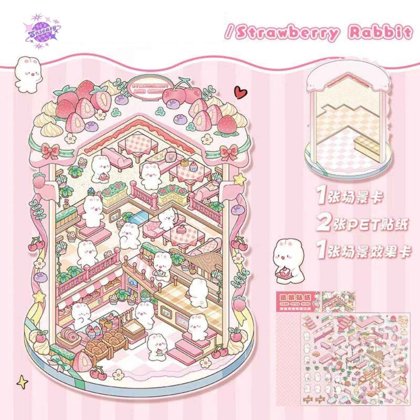 Cartoon Bunny Shop 2.0 Plus Edition – 3D DIY Sticker Scenes - 2 Theme Sets: Strawberry Cake Shop | Doll Vending Machine