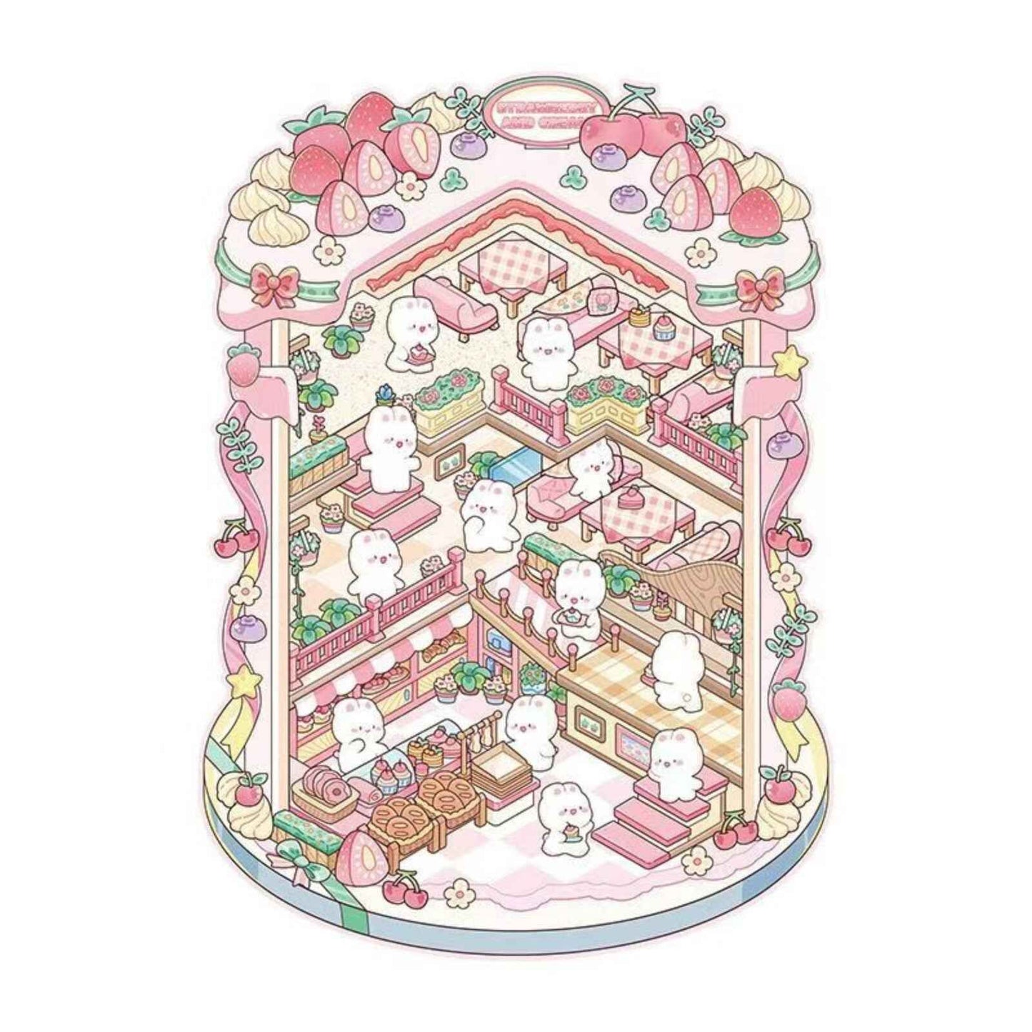 Cartoon Bunny Shop 2.0 Plus Edition – 3D DIY Sticker Scenes - 2 Theme Sets: Strawberry Cake Shop | Doll Vending Machine