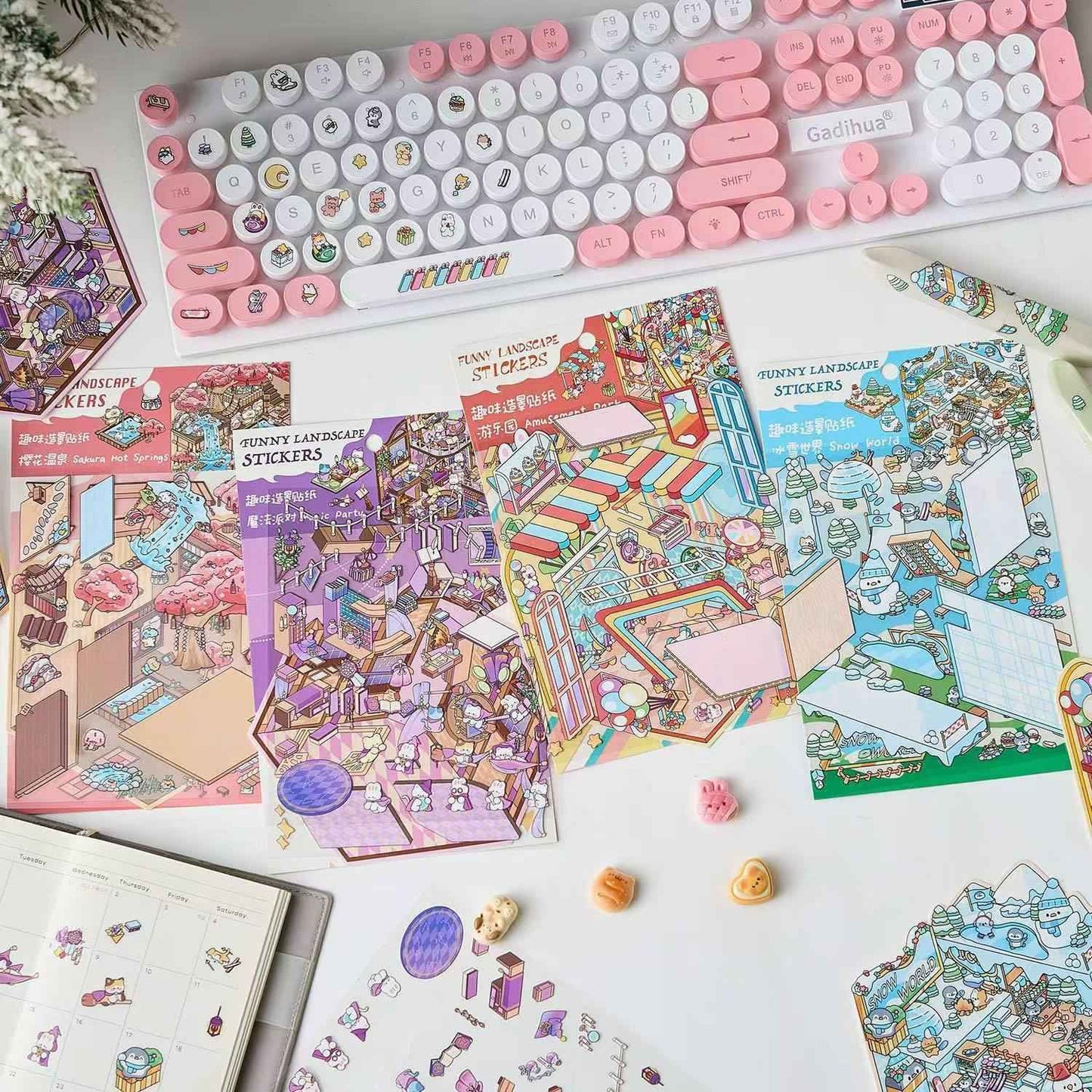 Magical Party 2.5D – 3D Miniature Sticker Scenes - 4 Theme Sets: Snowy World | Amusement Park | Magical Party | Sakura Hot Springs
