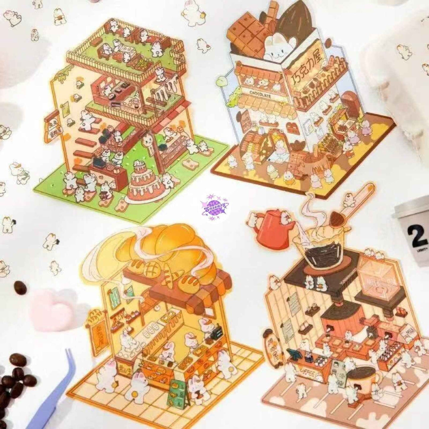 Cute Bunny Nini – 3D Miniature Sticker Scenes - 4 Theme Sets: Chocolate House | Coffee House | Bakery | Cake House