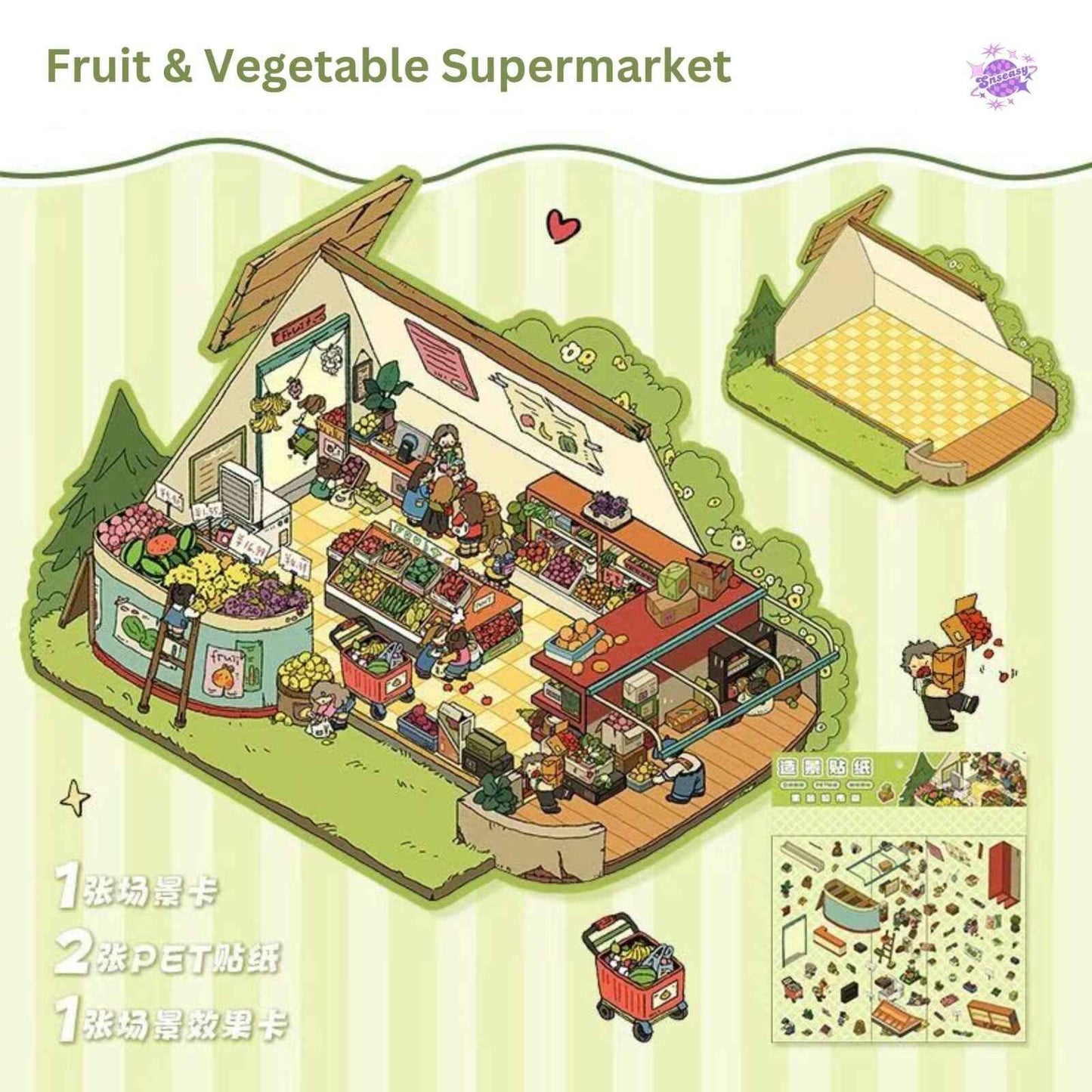 Fruit & Vegetable Supermarket – 3D DIY Sticker Scenes - 2 Theme Sets: Fruit & Vegetable Supermarket | Green Plant Home
