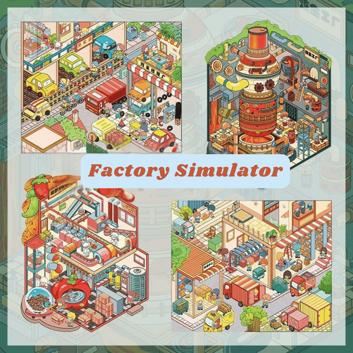 Factory Simulator – 3D Miniature Scene Stickers – 4 Theme Sets: Auto Repair Shop | Express Delivery Hub | Spicy Snack Factory | Alchemy Workshop
