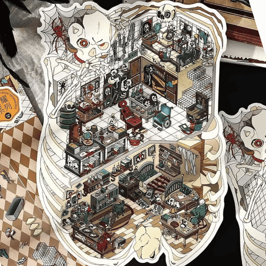Horror Game Series – Plus Size 3D Miniature Scene Stickers – 4 Theme Sets: Puppet Theater | Screaming Surgery Room | Bio-Apocalypse Camp | Skeleton Shop - SNSEASY