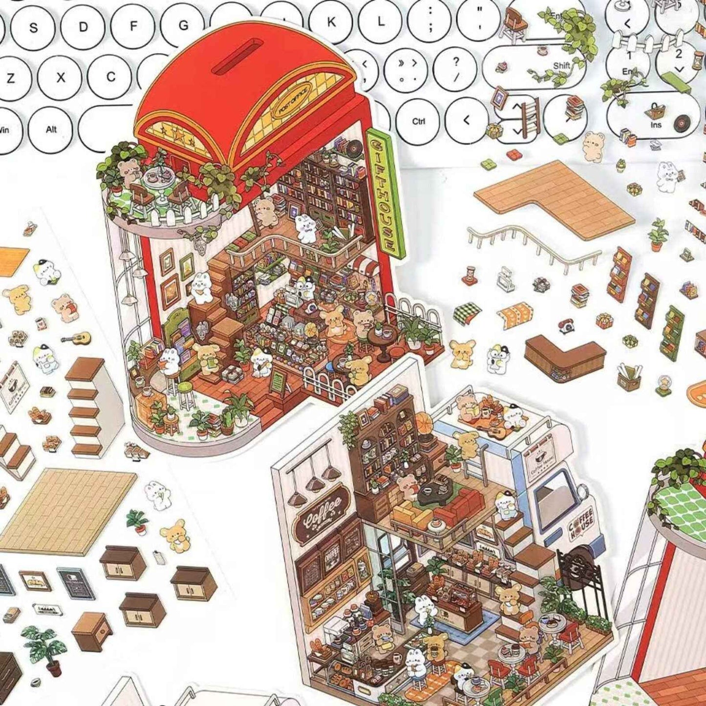 Magical Realm 5.0 – Cute Bunny Boxed World 3D Sticker Scenes - 4 Theme Sets: Collection Gallery | Café | Mountain Top Camping | Gift Shop