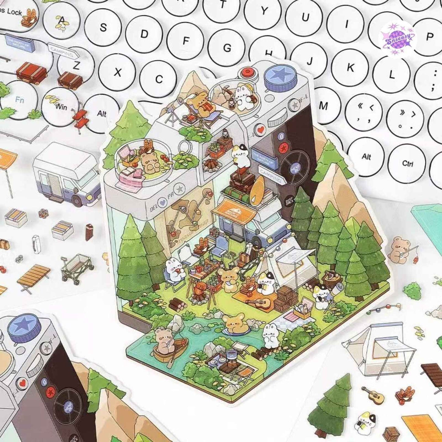 Magical Realm 5.0 – Cute Bunny Boxed World 3D Sticker Scenes - 4 Theme Sets: Collection Gallery | Café | Mountain Top Camping | Gift Shop