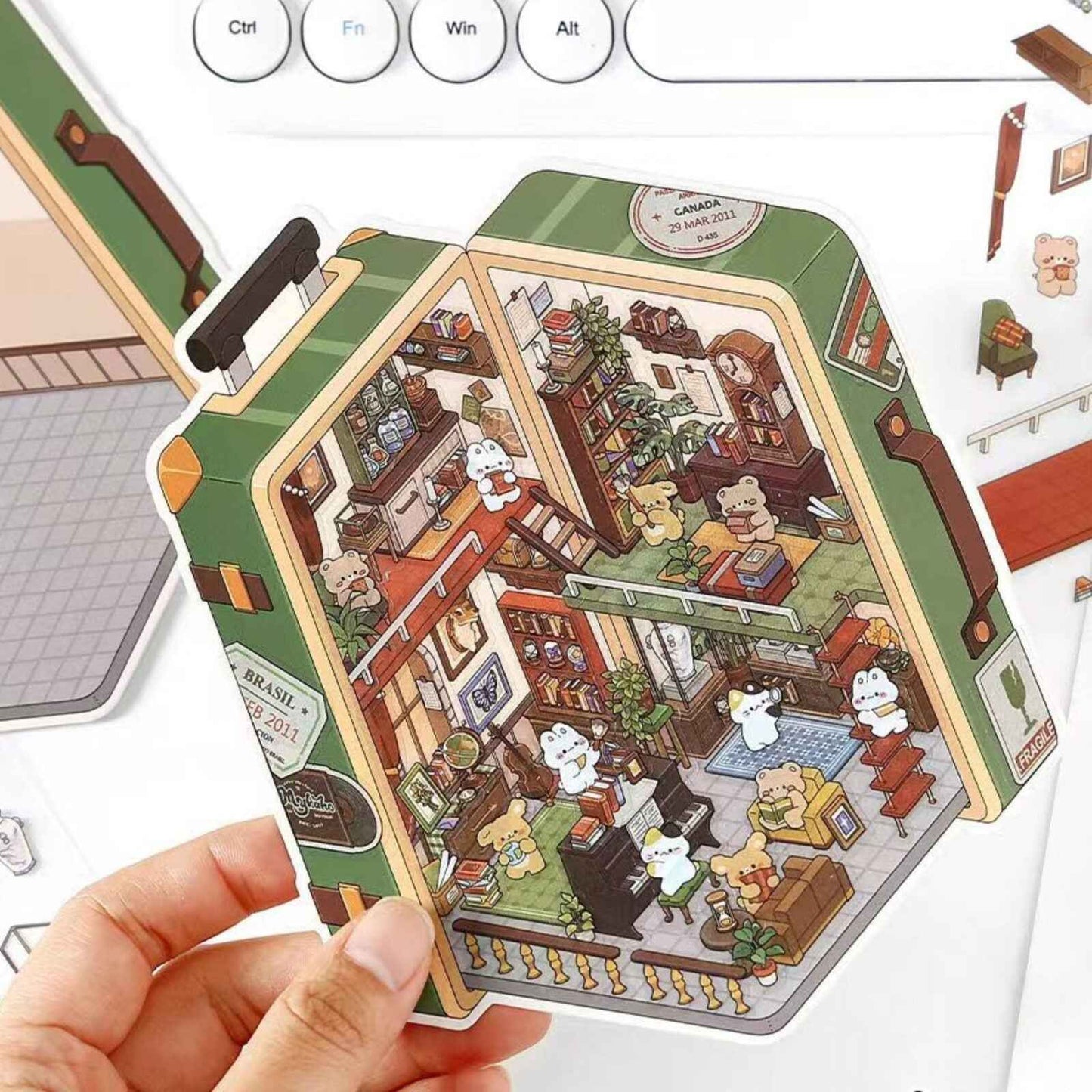 Magical Realm 5.0 – Cute Bunny Boxed World 3D Sticker Scenes - 4 Theme Sets: Collection Gallery | Café | Mountain Top Camping | Gift Shop
