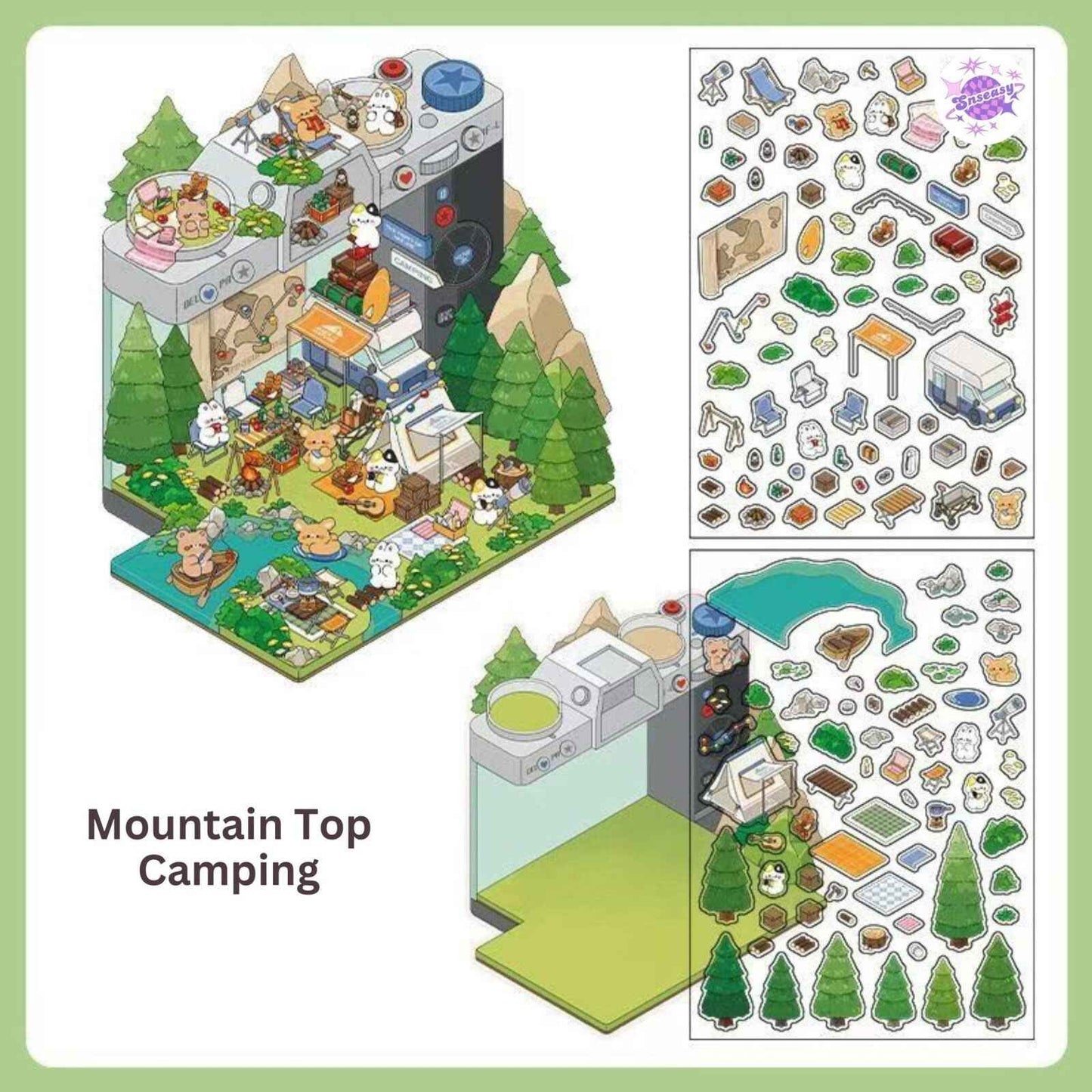 Magical Realm 5.0 – Cute Bunny Boxed World 3D Sticker Scenes - 4 Theme Sets: Collection Gallery | Café | Mountain Top Camping | Gift Shop