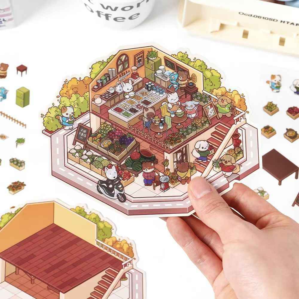 Cute Store 2-Floor 2.0 – 3D Miniature Sticker Scenes - 4 Theme Sets: Fruit Store | Four Seasons Orchard | Cheese Shop | Sunny Farm