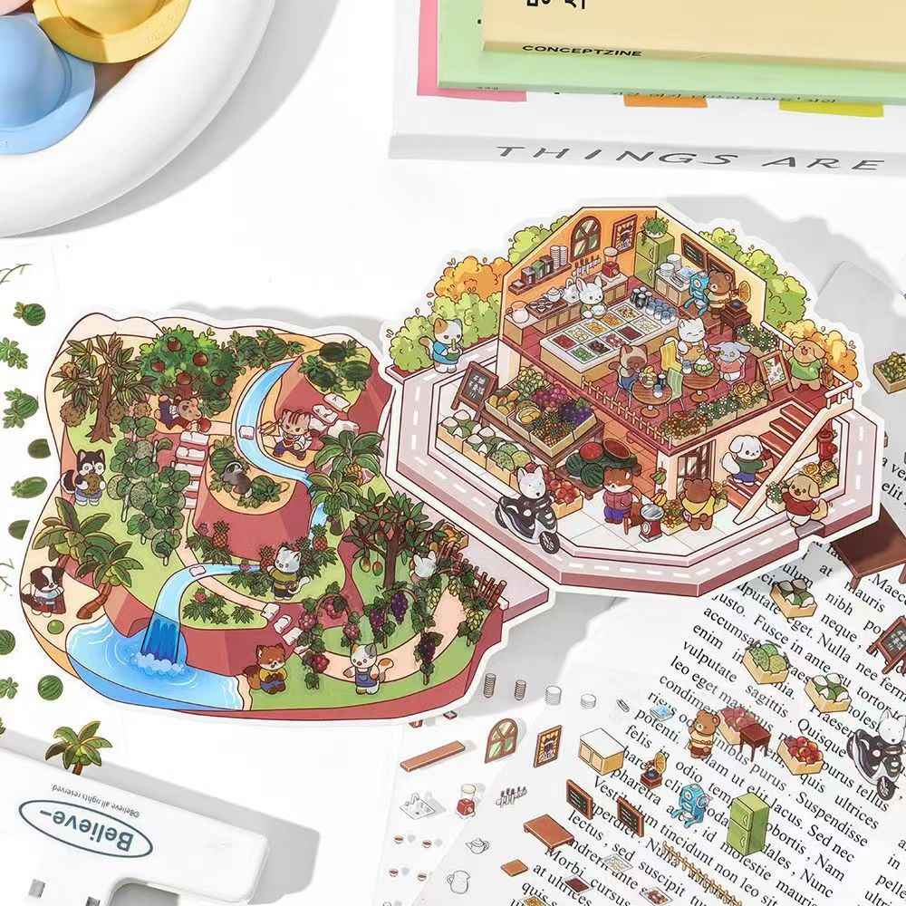 Cute Store 2-Floor 2.0 – 3D Miniature Sticker Scenes - 4 Theme Sets: Fruit Store | Four Seasons Orchard | Cheese Shop | Sunny Farm