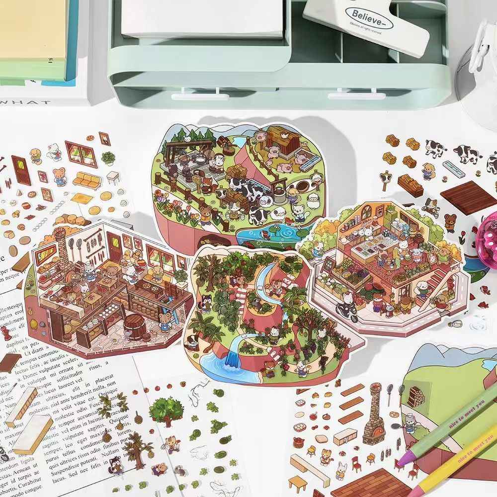 Cute Store 2-Floor 2.0 – 3D Miniature Sticker Scenes - 4 Theme Sets: Fruit Store | Four Seasons Orchard | Cheese Shop | Sunny Farm