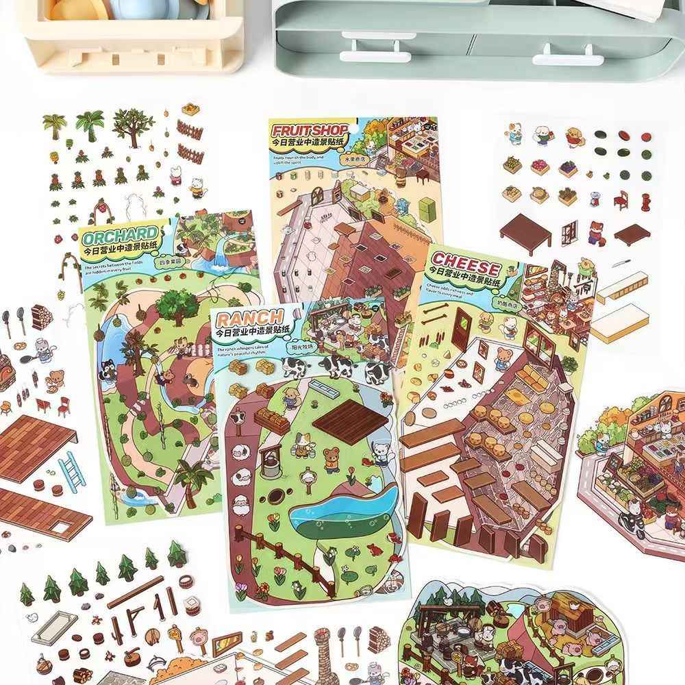 Cute Store 2-Floor 2.0 – 3D Miniature Sticker Scenes - 4 Theme Sets: Fruit Store | Four Seasons Orchard | Cheese Shop | Sunny Farm