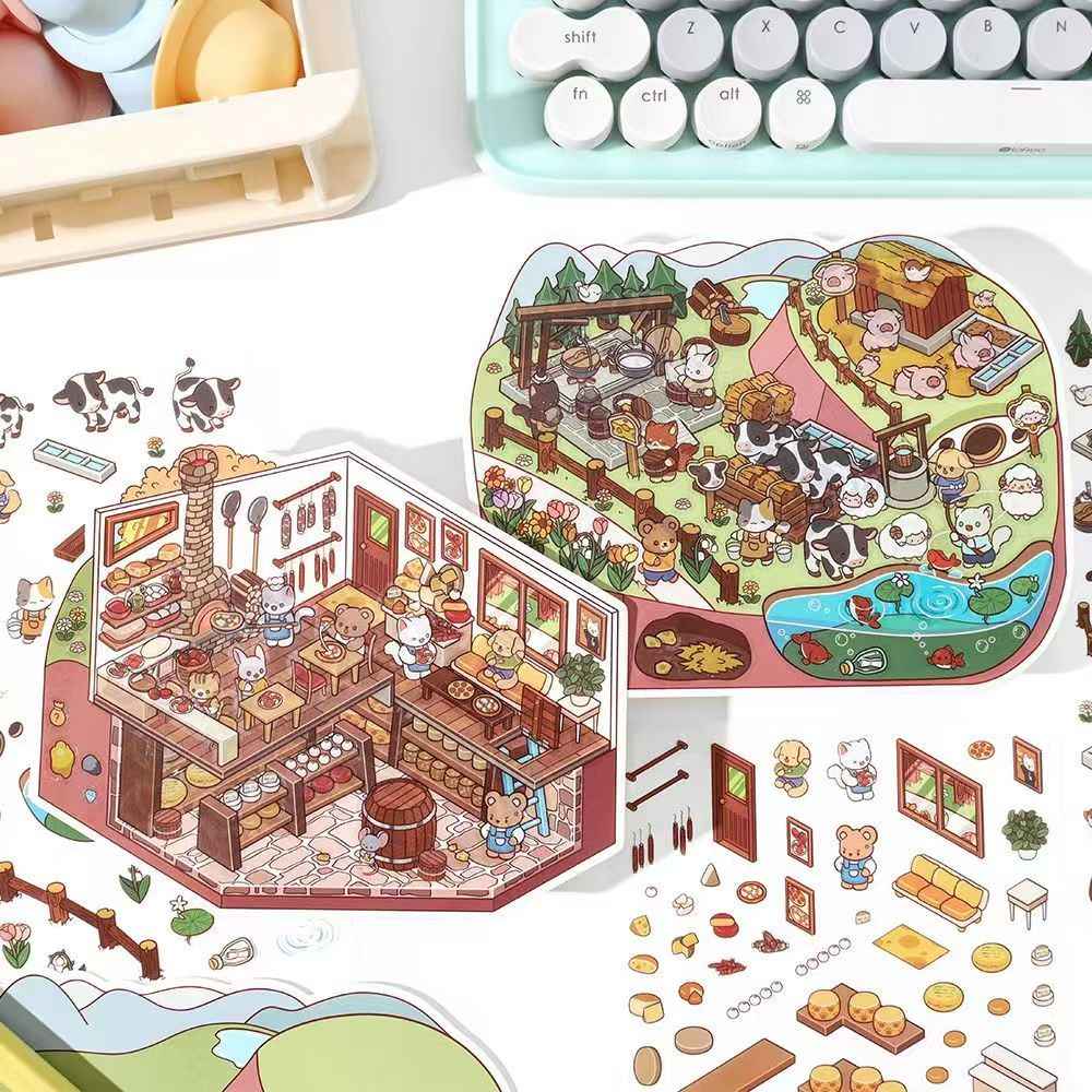 Cute Store 2-Floor 2.0 – 3D Miniature Sticker Scenes - 4 Theme Sets: Fruit Store | Four Seasons Orchard | Cheese Shop | Sunny Farm