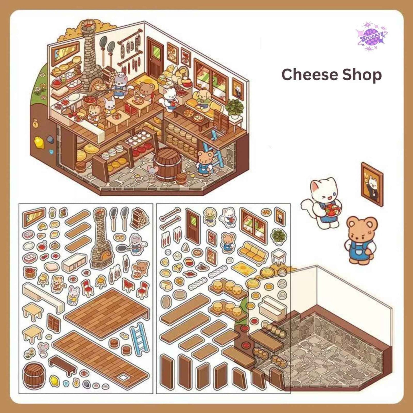 Cute Store 2-Floor 2.0 – 3D Miniature Sticker Scenes - 4 Theme Sets: Fruit Store | Four Seasons Orchard | Cheese Shop | Sunny Farm