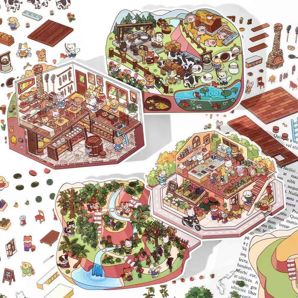 Cute Store 2-Floor 2.0 – 3D Miniature Sticker Scenes - 4 Theme Sets: Fruit Store | Four Seasons Orchard | Cheese Shop | Sunny Farm