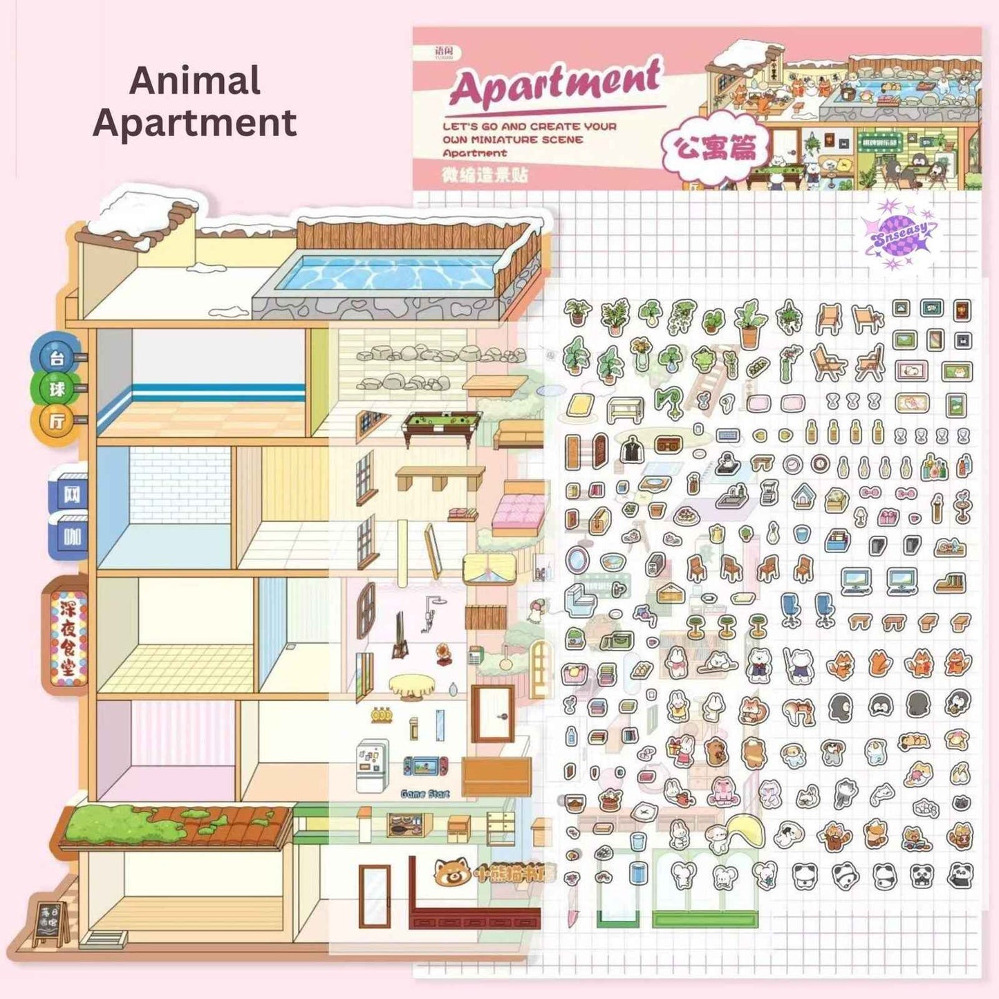 Cute Animal Home 6-Floor – Plus 3D Miniature Sticker Scenes - 2 Theme Sets: Animal Apartment | Forest Treehouse