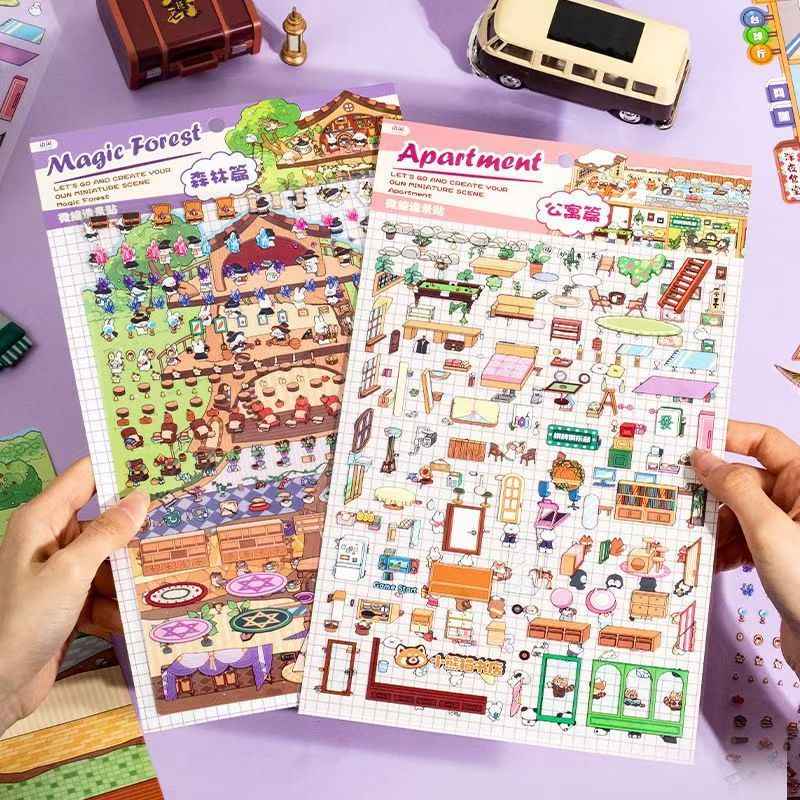 Cute Animal Home 6-Floor – Plus 3D Miniature Sticker Scenes - 2 Theme Sets: Animal Apartment | Forest Treehouse