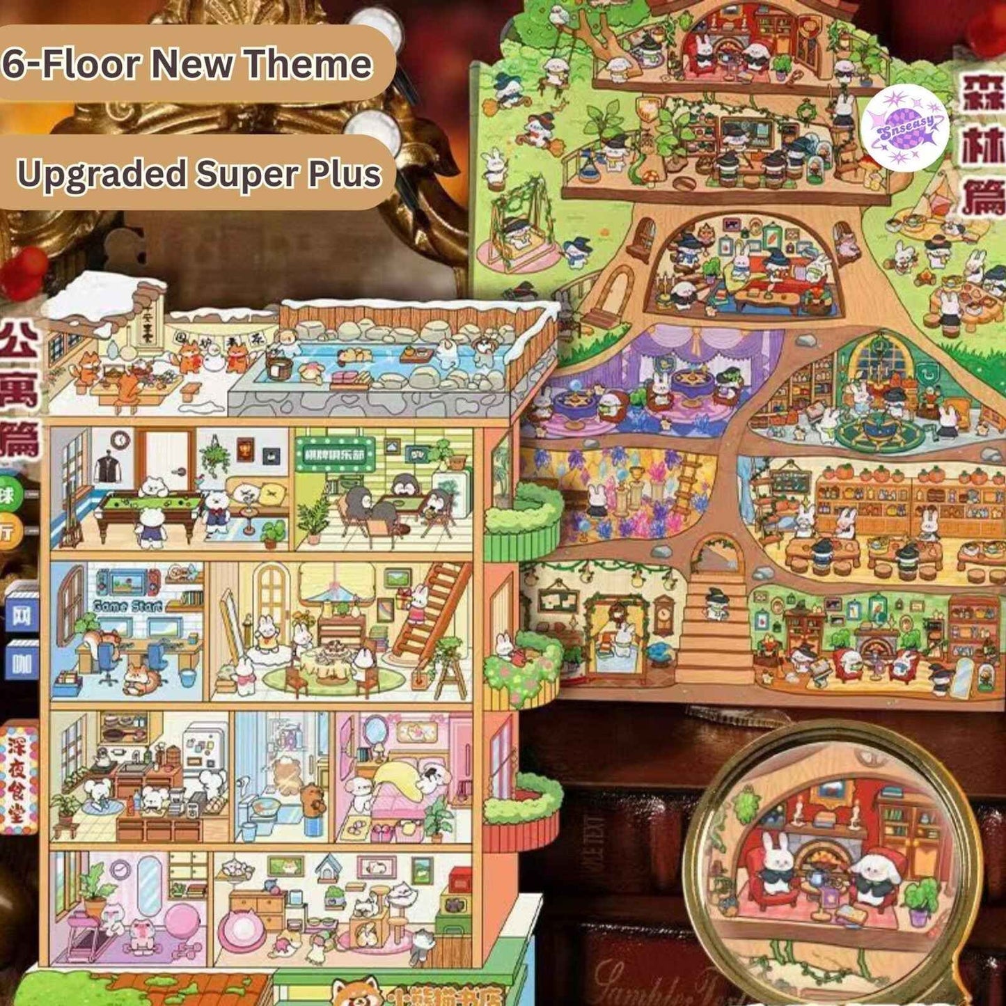 Cute Animal Home 6-Floor – Plus 3D Miniature Sticker Scenes - 2 Theme Sets: Animal Apartment | Forest Treehouse