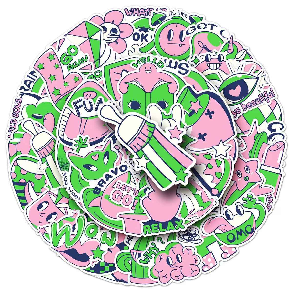 Pink & Green Color Block 50-Piece Sticker Pack | DIY Crafting, Journal, Laptop, Water Bottle, Scrapbooking, Reusable, Waterproof PVC