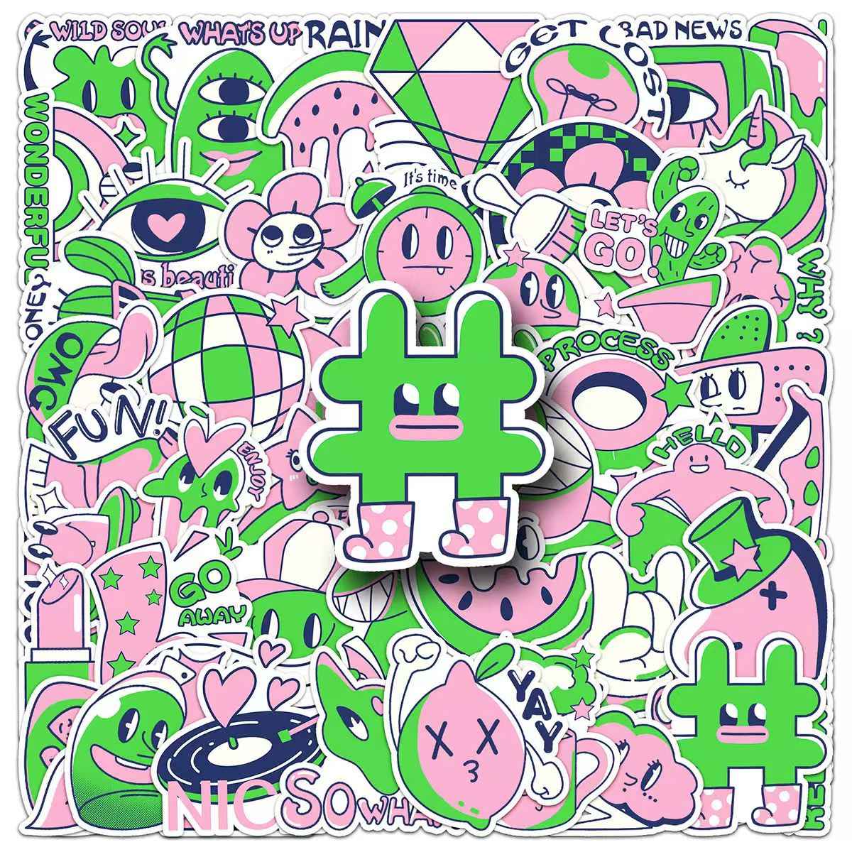 Pink & Green Color Block 50-Piece Sticker Pack | DIY Crafting, Journal, Laptop, Water Bottle, Scrapbooking, Reusable, Waterproof PVC