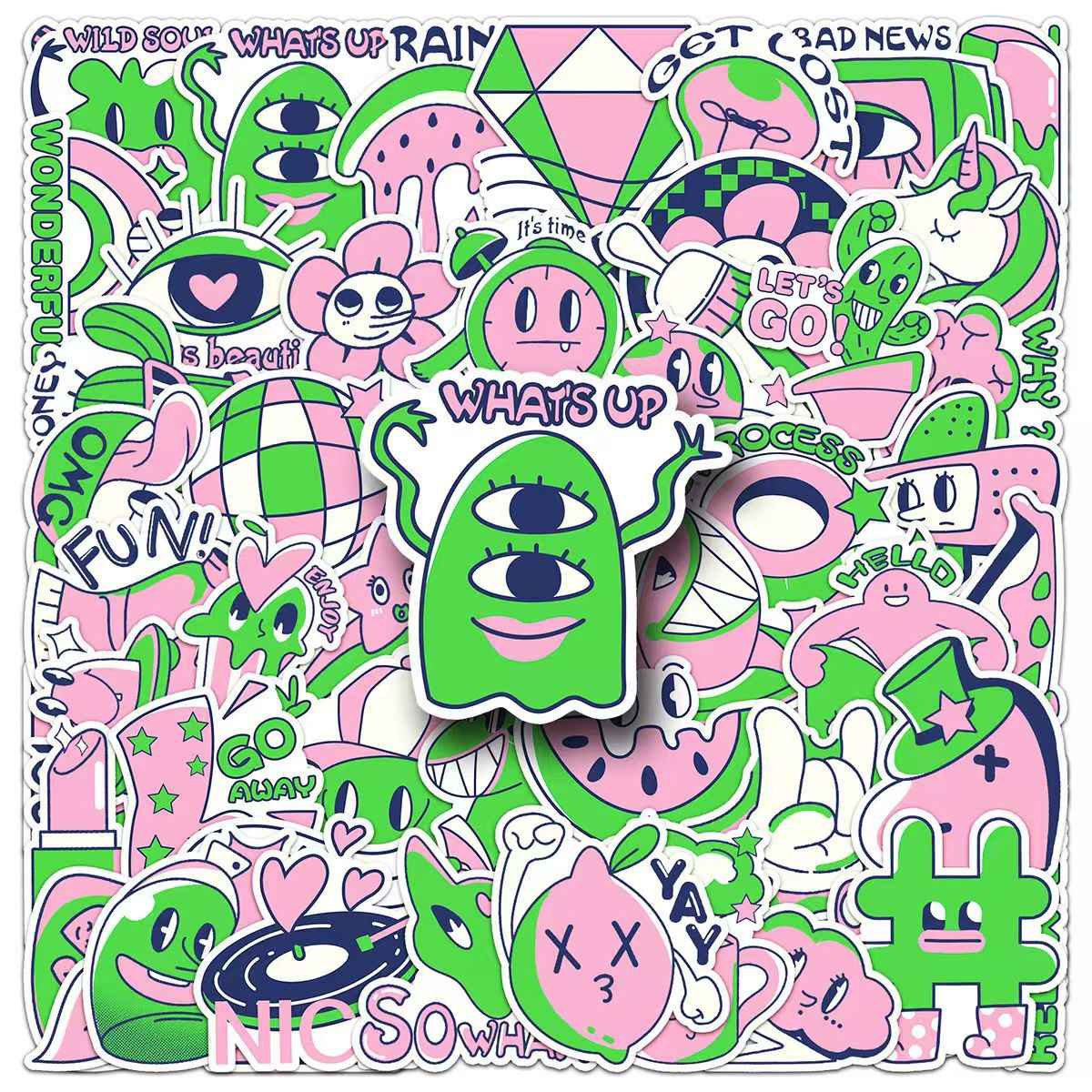Pink & Green Color Block 50-Piece Sticker Pack | DIY Crafting, Journal, Laptop, Water Bottle, Scrapbooking, Reusable, Waterproof PVC