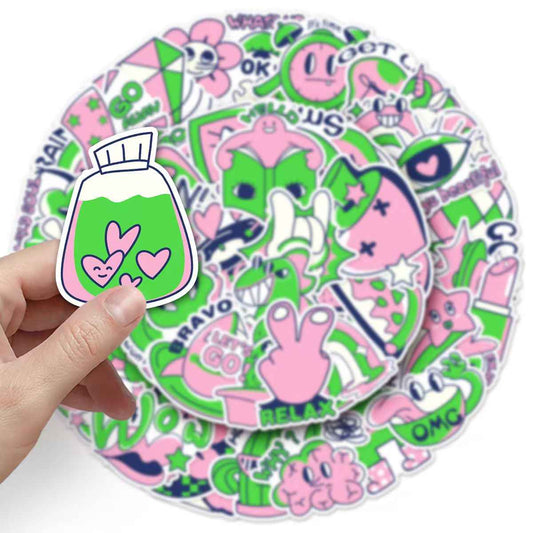 Pink & Green Color Block 50-Piece Sticker Pack | DIY Crafting, Journal, Laptop, Water Bottle, Scrapbooking, Reusable, Waterproof PVC