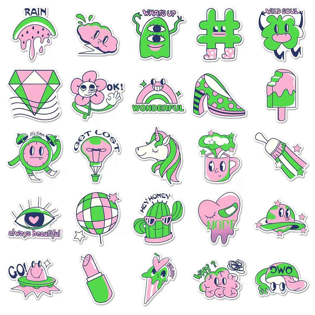 Pink & Green Color Block 50-Piece Sticker Pack | DIY Crafting, Journal, Laptop, Water Bottle, Scrapbooking, Reusable, Waterproof PVC
