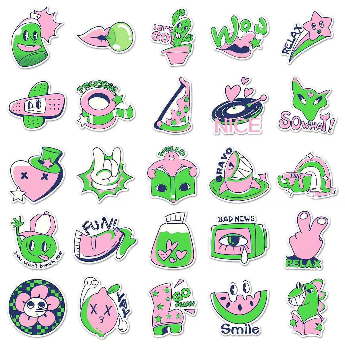 Pink & Green Color Block 50-Piece Sticker Pack | DIY Crafting, Journal, Laptop, Water Bottle, Scrapbooking, Reusable, Waterproof PVC