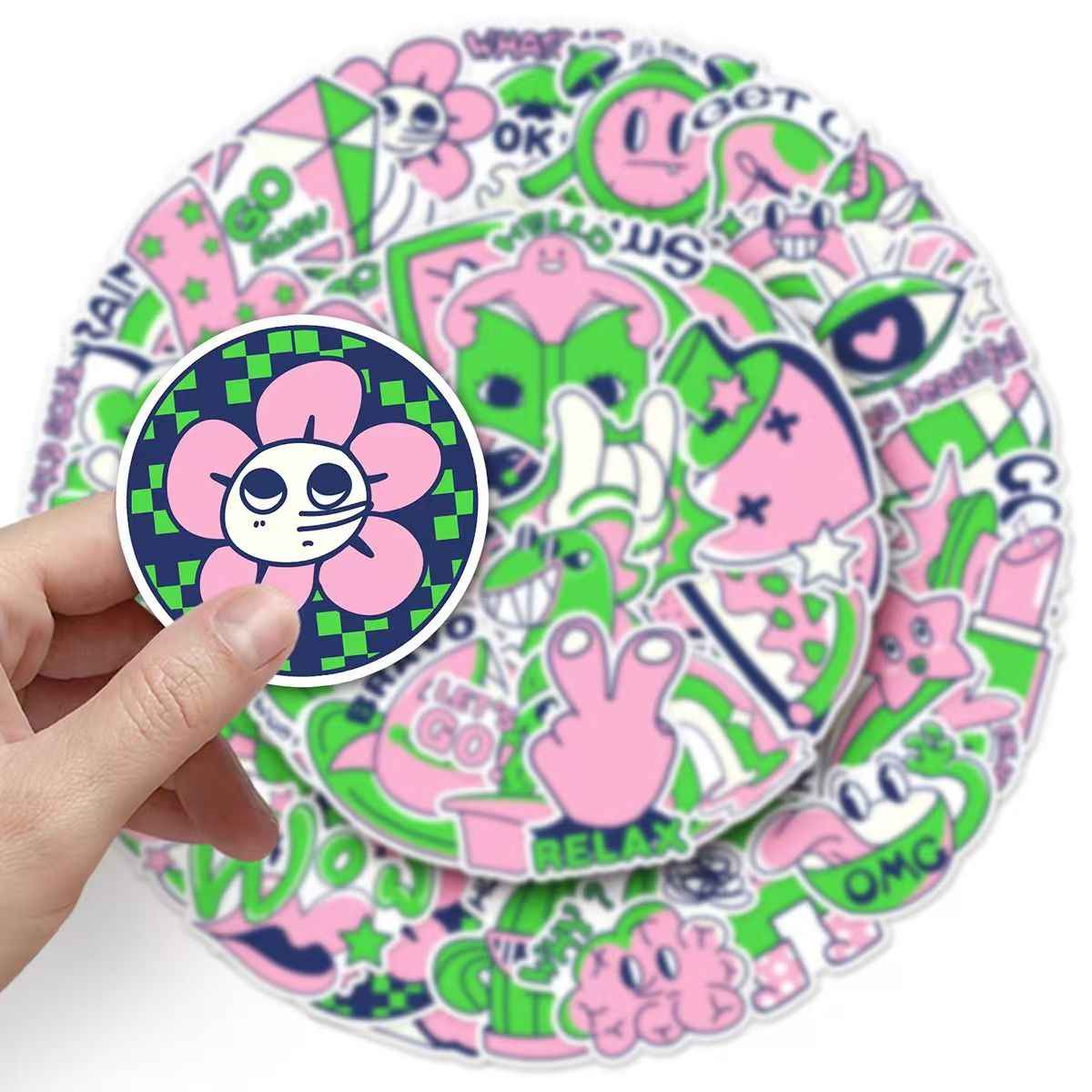Pink & Green Color Block 50-Piece Sticker Pack | DIY Crafting, Journal, Laptop, Water Bottle, Scrapbooking, Reusable, Waterproof PVC