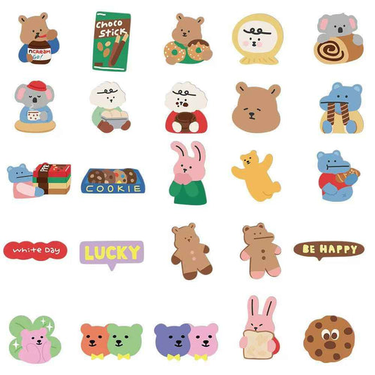 Korean Style Bear & Bunny 100-Piece Sticker Pack | Cute Characters, DIY Crafting, Journal, Laptop, Water Bottle, Scrapbooking, Reusable, Waterproof PVC