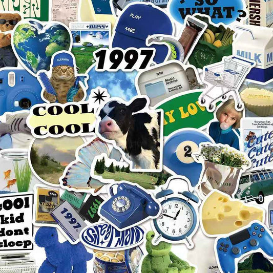 Blue IKEA Style 50-Piece Sticker Pack | Non-Repeating Designs, DIY Crafting, Journal, Laptop, Water Bottle, Scrapbooking, Reusable, Waterproof PVC