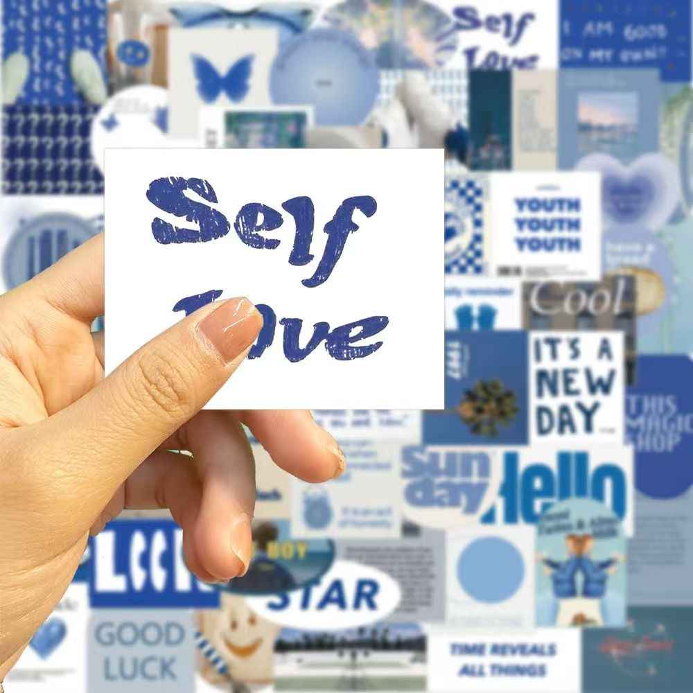 Blue Background 50-Piece Sticker Pack | Non-Repeating Designs, DIY Crafting, Journal, Laptop, Water Bottle, Scrapbooking, Reusable, Waterproof PVC