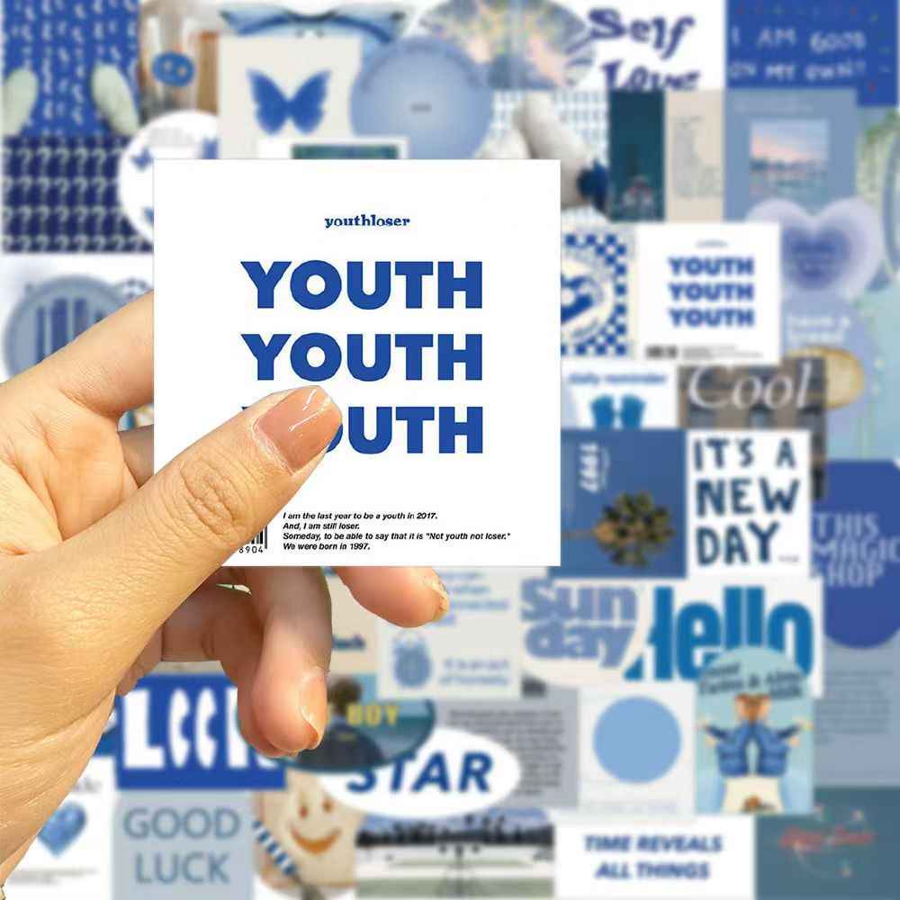 Blue Background 50-Piece Sticker Pack | Non-Repeating Designs, DIY Crafting, Journal, Laptop, Water Bottle, Scrapbooking, Reusable, Waterproof PVC