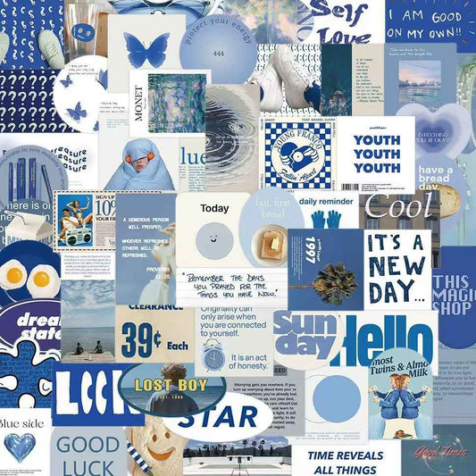 Blue Background 50-Piece Sticker Pack | Non-Repeating Designs, DIY Crafting, Journal, Laptop, Water Bottle, Scrapbooking, Reusable, Waterproof PVC