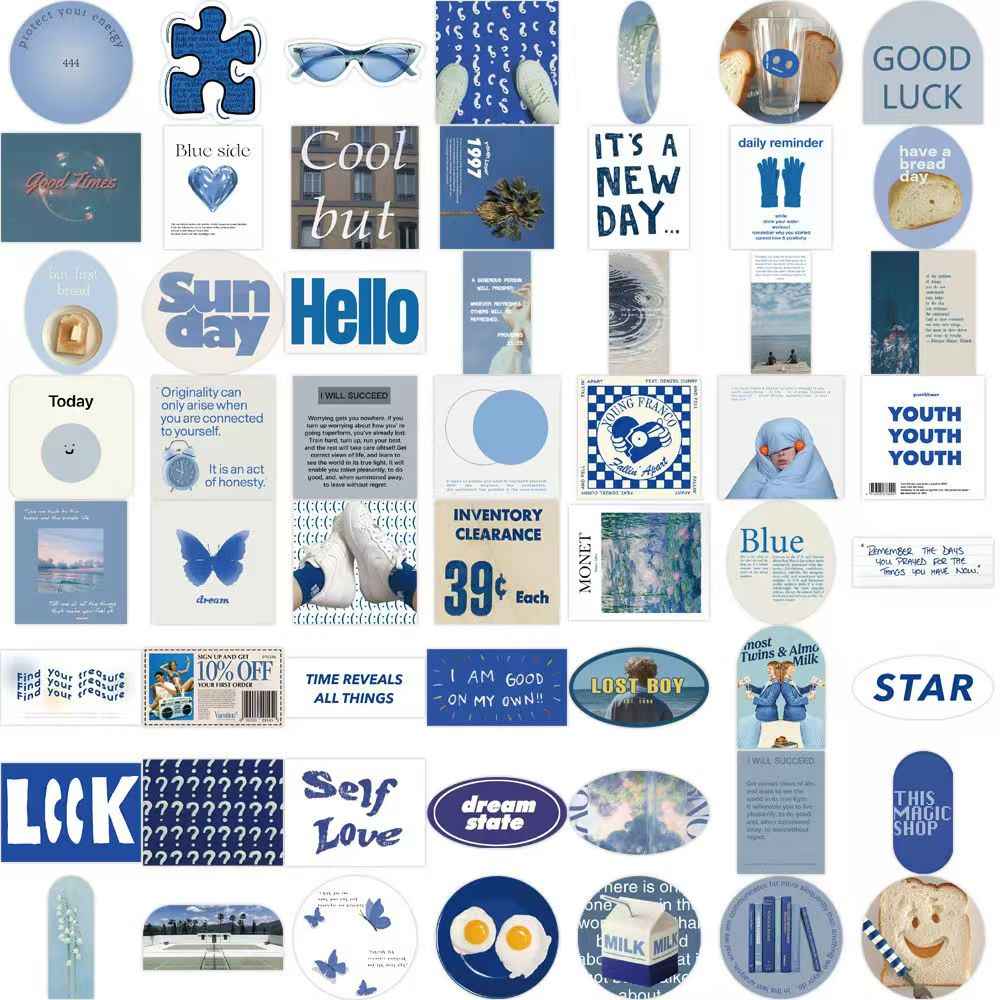Blue Background 50-Piece Sticker Pack | Non-Repeating Designs, DIY Crafting, Journal, Laptop, Water Bottle, Scrapbooking, Reusable, Waterproof PVC