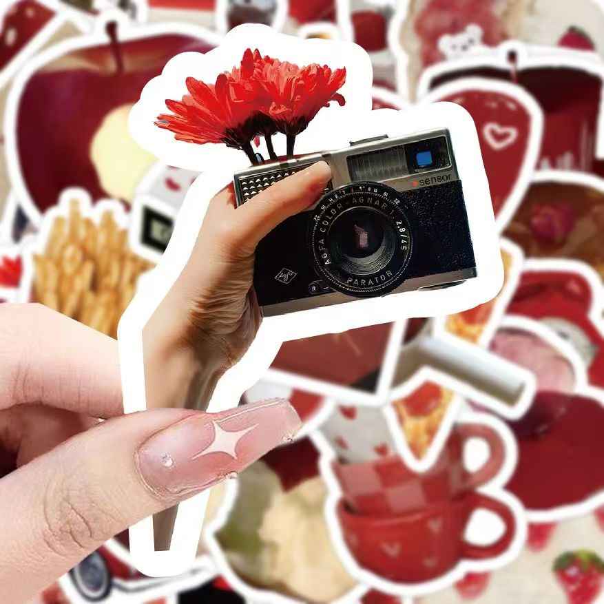 Retro Red 50-Piece Sticker Pack | Non-Repeating Designs, DIY Crafting, Journal, Laptop, Water Bottle, Scrapbooking, Reusable, Waterproof PVC