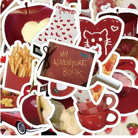 Retro Red 50-Piece Sticker Pack | Non-Repeating Designs, DIY Crafting, Journal, Laptop, Water Bottle, Scrapbooking, Reusable, Waterproof PVC