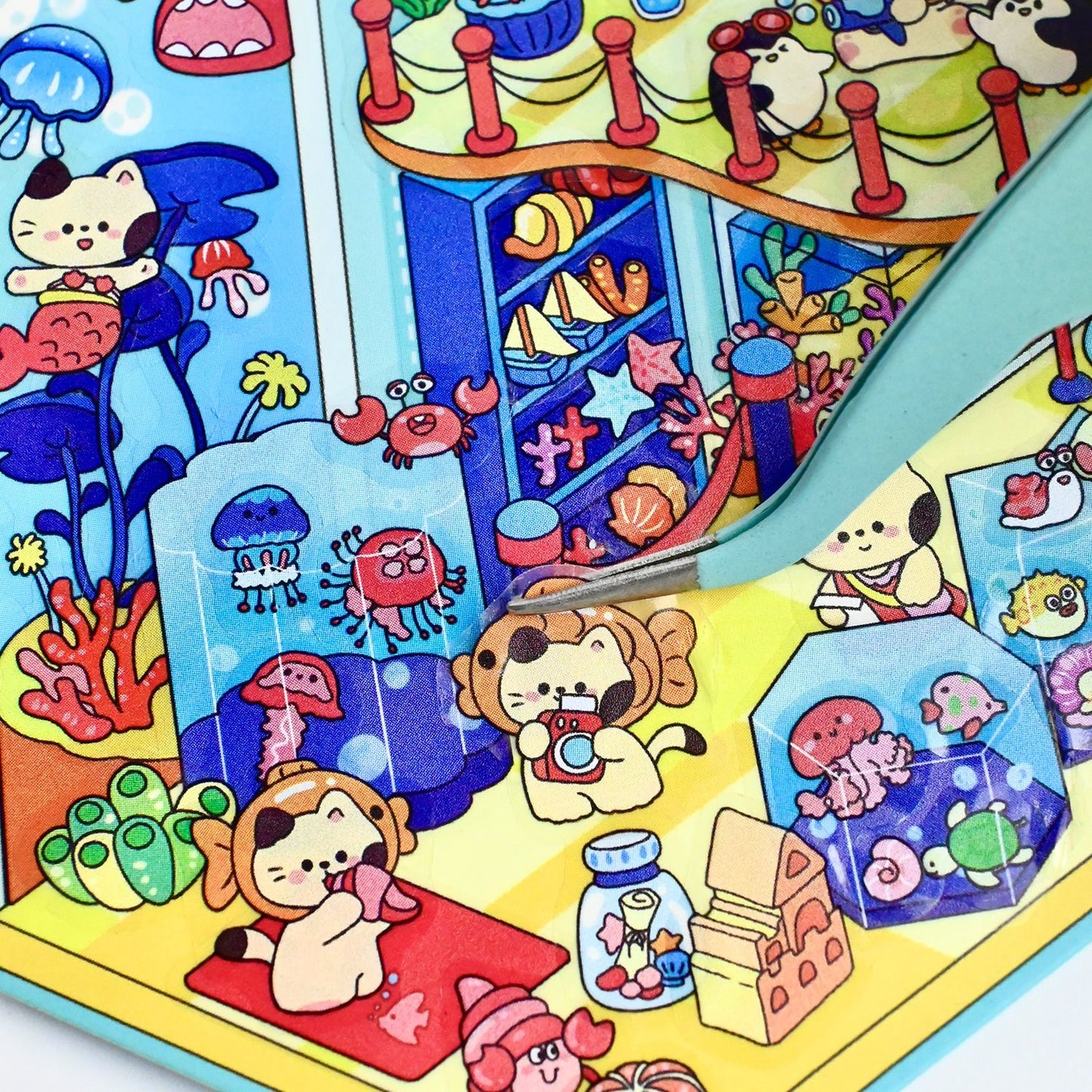 Cute Animals Visit the Museum – 3D Miniature Scene Stickers (Flip-Open Plus Size) – 4 Theme Sets: Dog Opera House | Cat Aquarium | Cat Art Museum | Sheep Sanxingdui Museum
