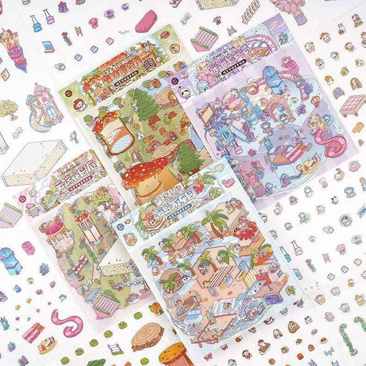 Cat's World Tour – 3D Miniature Sticker Scenes - 4 Theme Sets: Cloud Garden | Island Amusement Park | Forest Mushroom House | Underwater Paradise