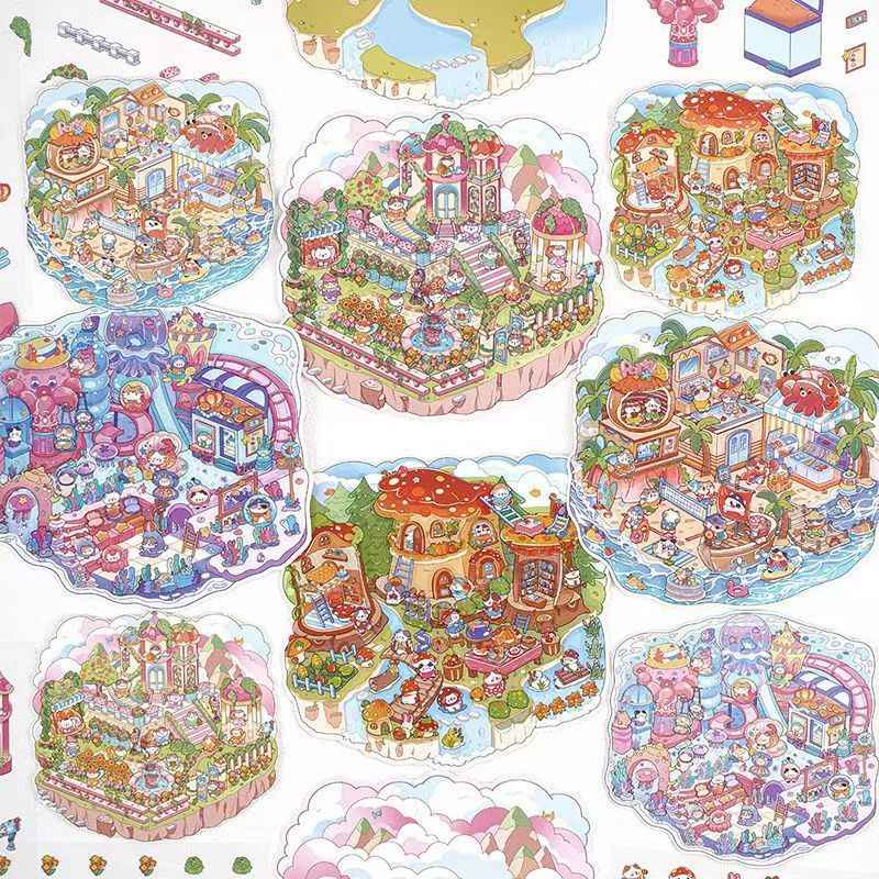 Cat's World Tour – 3D Miniature Sticker Scenes - 4 Theme Sets: Cloud Garden | Island Amusement Park | Forest Mushroom House | Underwater Paradise