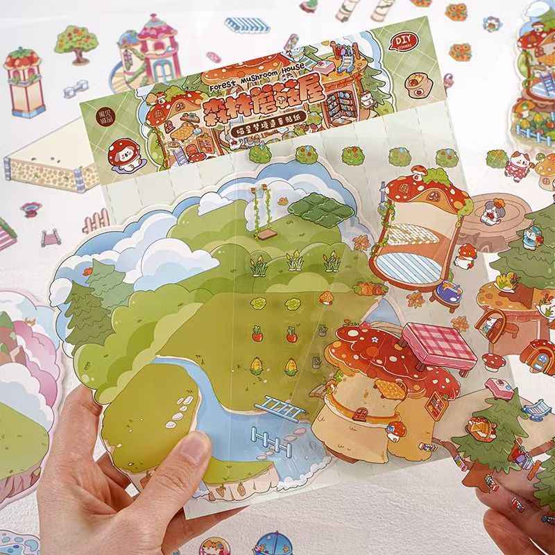 Cat's World Tour – 3D Miniature Sticker Scenes - 4 Theme Sets: Cloud Garden | Island Amusement Park | Forest Mushroom House | Underwater Paradise